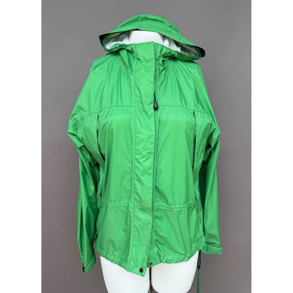 LL Bean Stowaway Rain Jacket Womens Medium Green Ripstop Hooded Gorpcore Outdoor